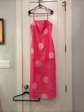 Pink Polka Dot Spaghetti-Strap Midi Dress